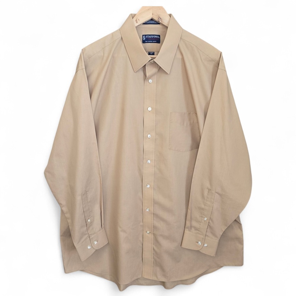 Stafford Dress Shirt Mens 18 34/35 Beige Button Classic Fit Broadcloth Career